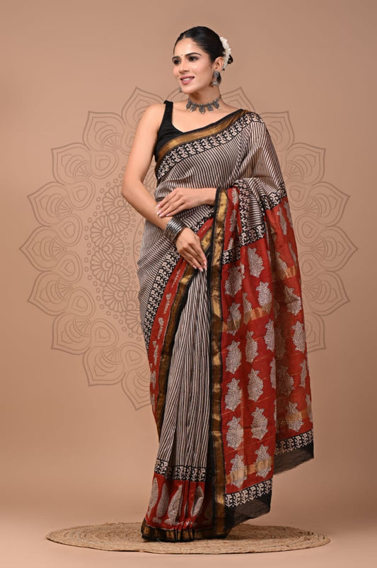 Maheshwari Silk Hand Block Printed Saree – Traditional Rajasthani Handcrafted Saree | House of the Handblock Jaipur