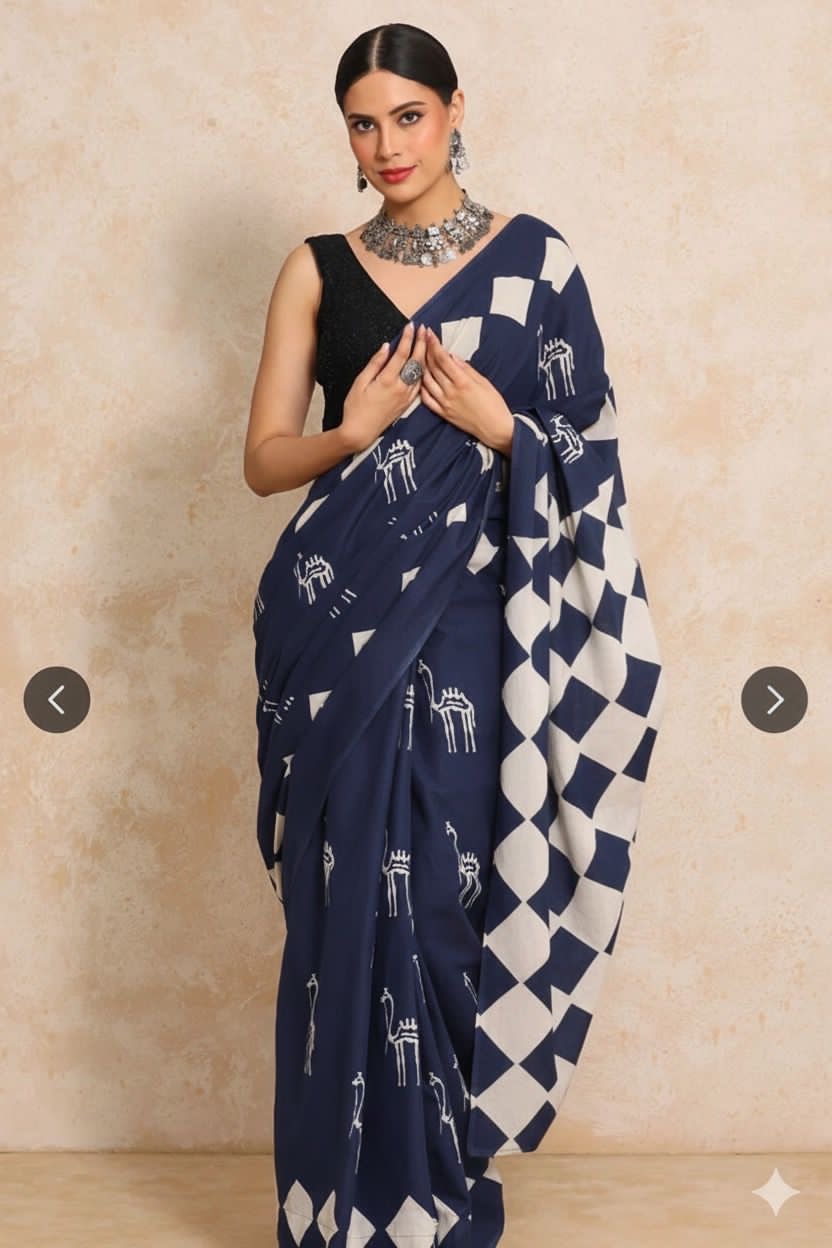 Pure Cotton Mul Mul Printed Saree with Blouse | Soft Handblock Style Saree | House of The Handblock