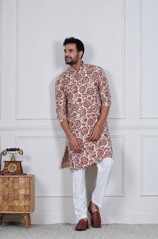 Traditional Bagru Hand Block Printed Men’s Cotton Long Kurta – Pure Cotton | House of the Handblock Jaipur