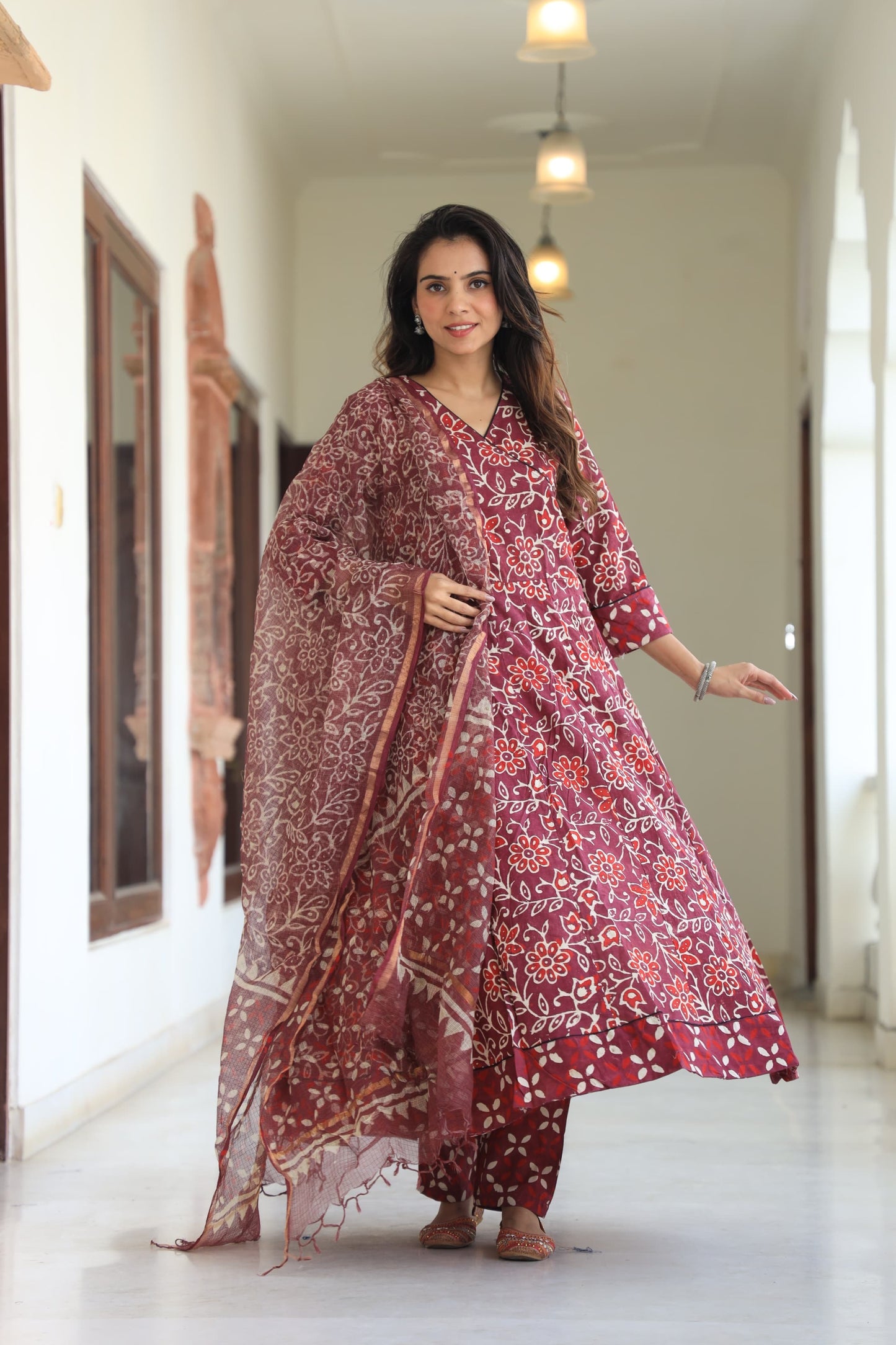 GI Tagged Handblock Printed Pure Cotton long Anarkali 3-Piece Set – Premium Quality 60x60 Fabric