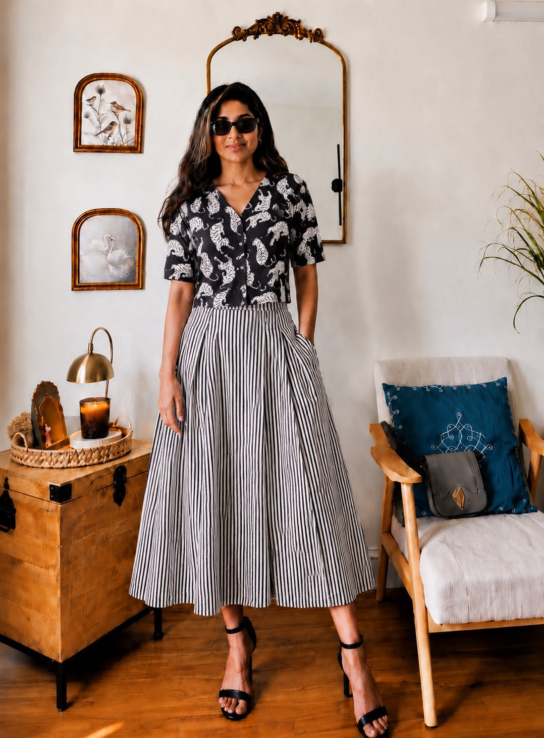 Natural Handblock Printed Cotton V-Neck Short Sleeve Crop Top & Elastic Pocket Skirt Co-Ord Set | XS to 8XL | House Of The Handblock