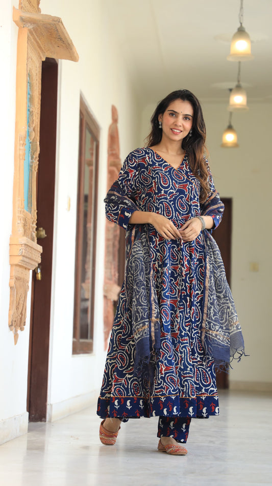 GI Tagged Handblock Printed Pure Cotton long Anarkali 3-Piece Set – Premium Quality 60x60 Fabric