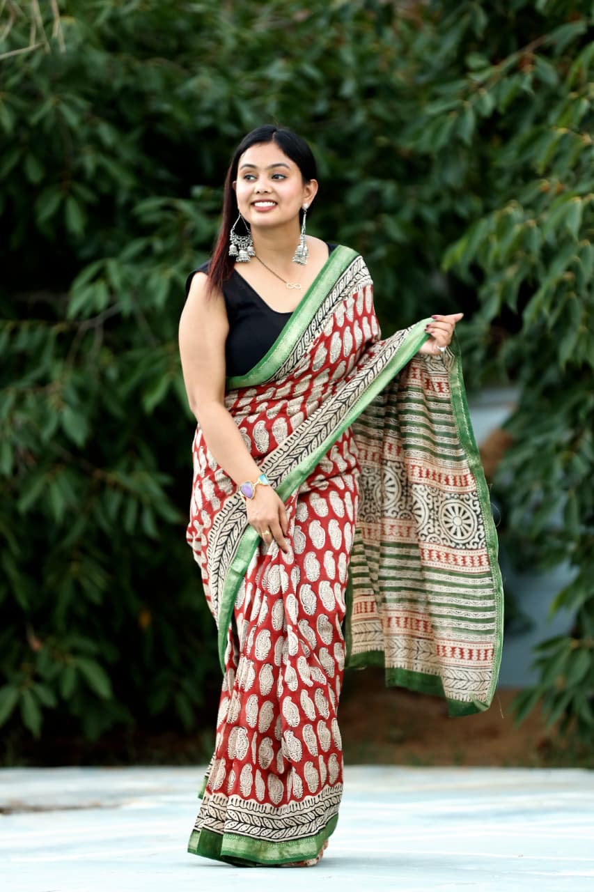 Maheshwari Silk Hand Block Printed Saree – Traditional Rajasthani Handcrafted Saree | House of the Handblock Jaipur