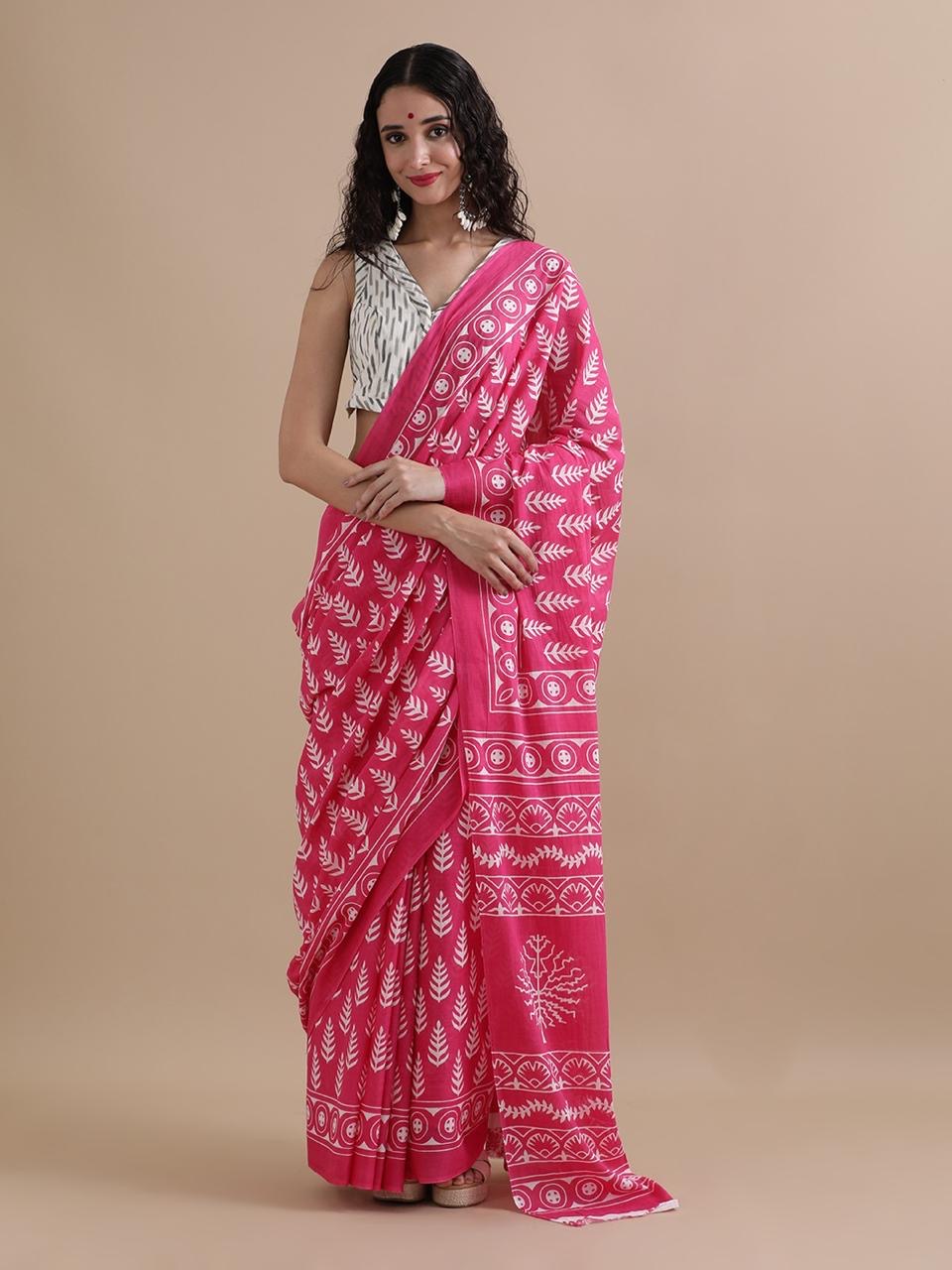 Pure Cotton Mul Mul Printed Saree with Blouse | Soft Handblock Style Saree | House of The Handblock