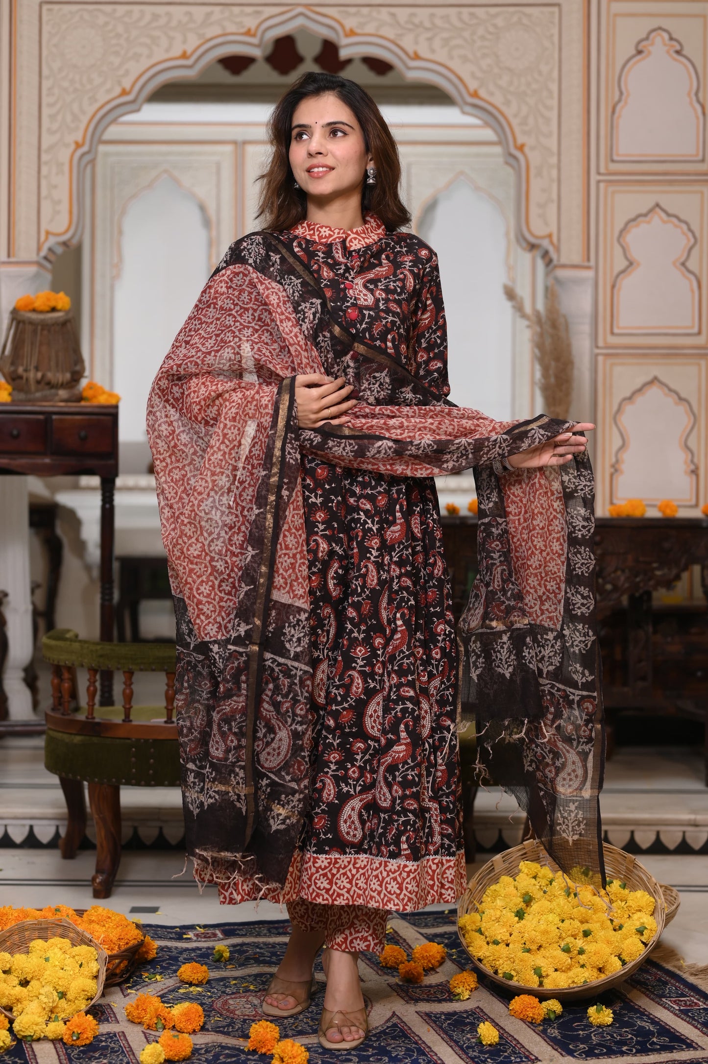 GI Tagged Handblock Printed Pure Cotton long Anarkali 3-Piece Set – Premium Quality 60x60 Fabric