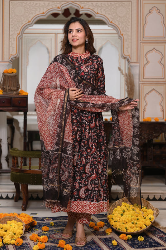 GI Tagged Handblock Printed Pure Cotton long Anarkali 3-Piece Set – Premium Quality 60x60 Fabric