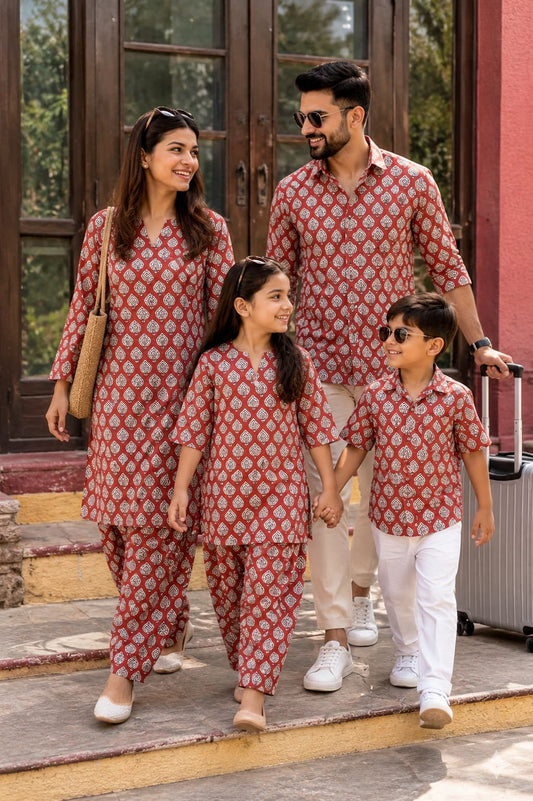 Matching Family Vacation Co-ord Sets in Handblock Natural Dyes Cotton|Sizes Available from Infant to 8XL | Handmade by HOUSE OF THE HANDBLOCK Jaipur