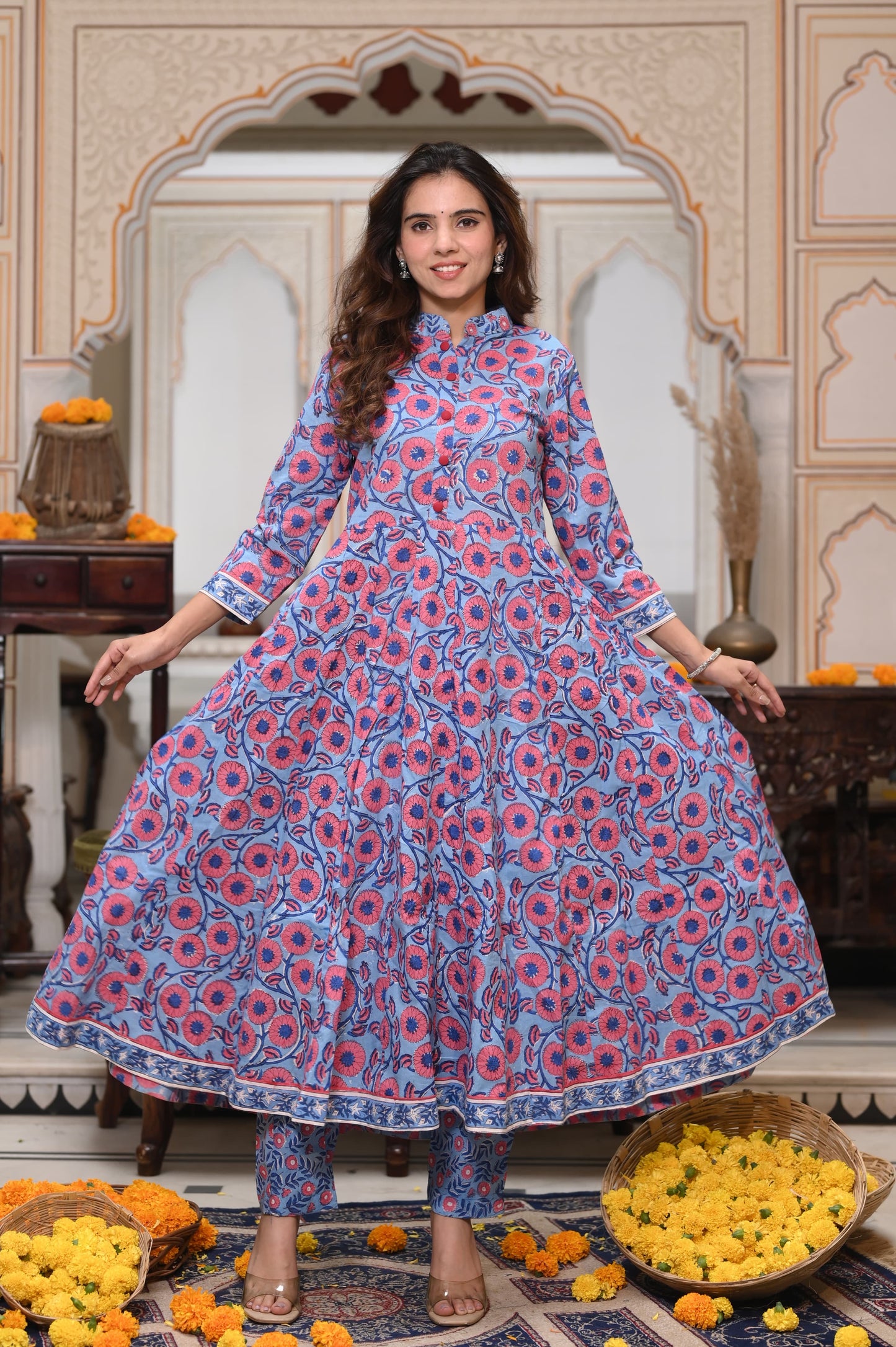 GI Tagged Handblock Printed Pure Cotton long Anarkali 3-Piece Set – Premium Quality 60x60 Fabric