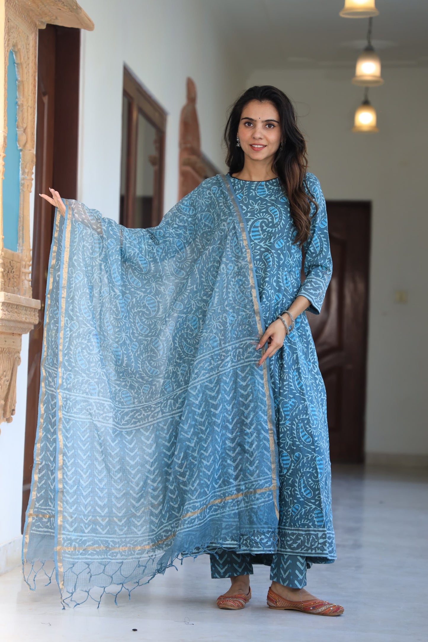 GI Tagged Handblock Printed Pure Cotton long Anarkali 3-Piece Set – Premium Quality 60x60 Fabric