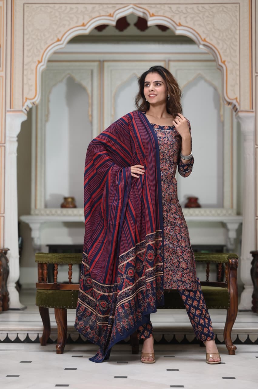 Exclusive Jaipuri Printed Cotton Kurti Set with Printed Plazo & Dupatta | Pure 60×60 Cotton- House Of The Handblock