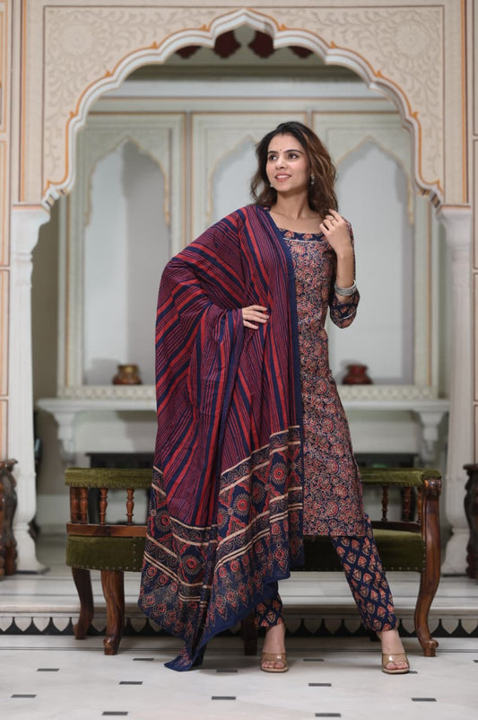 Exclusive Jaipuri Printed Cotton Kurti Set with Printed Plazo & Dupatta | Pure 60×60 Cotton- House Of The Handblock