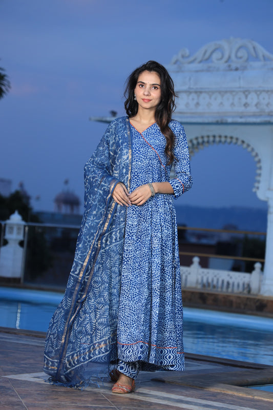 GI Tagged Handblock Printed Pure Cotton long Anarkali 3-Piece Set – Premium Quality 60x60 Fabric