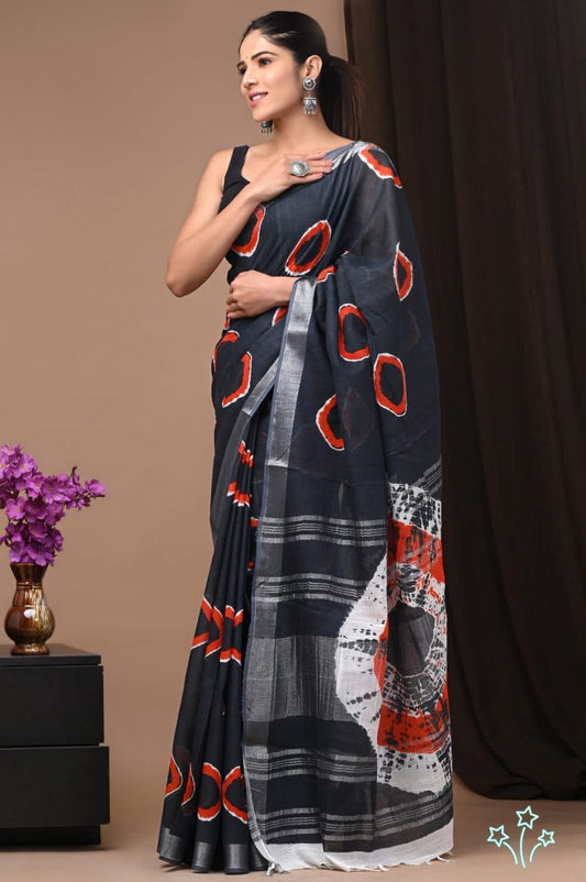 Pure Cotton Linen Hand Block Printed Saree with Blouse | Handcrafted Saree | House of the Handblock Jaipur