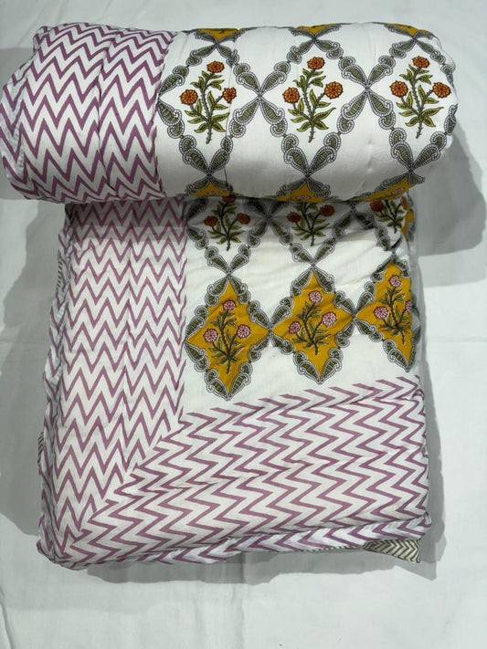 Premium Jaipuri Hand Block Printed Cotton Quilt (Rajai) | Reversible King Size Double Bed Quilt | 90x108 Inches | House Of The Handblock