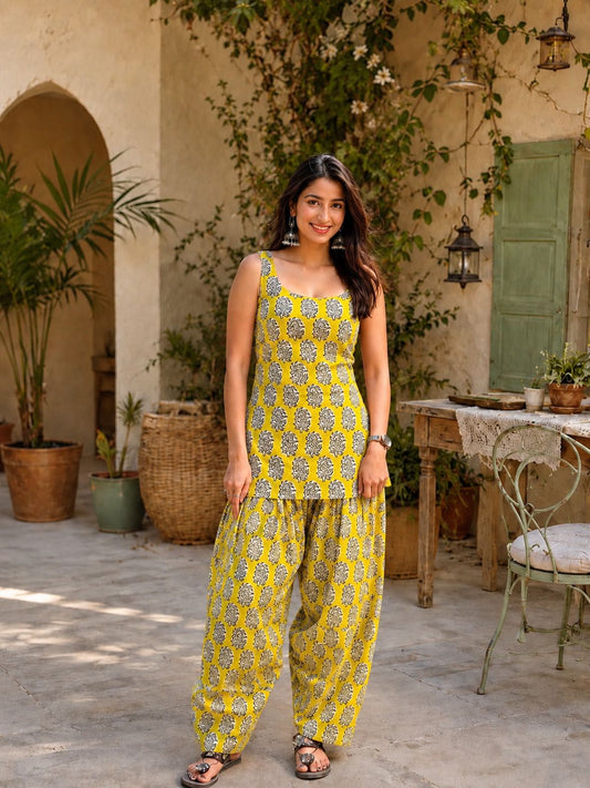 Natural Dyes Handblock Printed Cotton Sleeveless Farasi Salwar Set | Trending Ethnic Co-Ord Set | Sizes XS to 8XL | House Of The Handblock