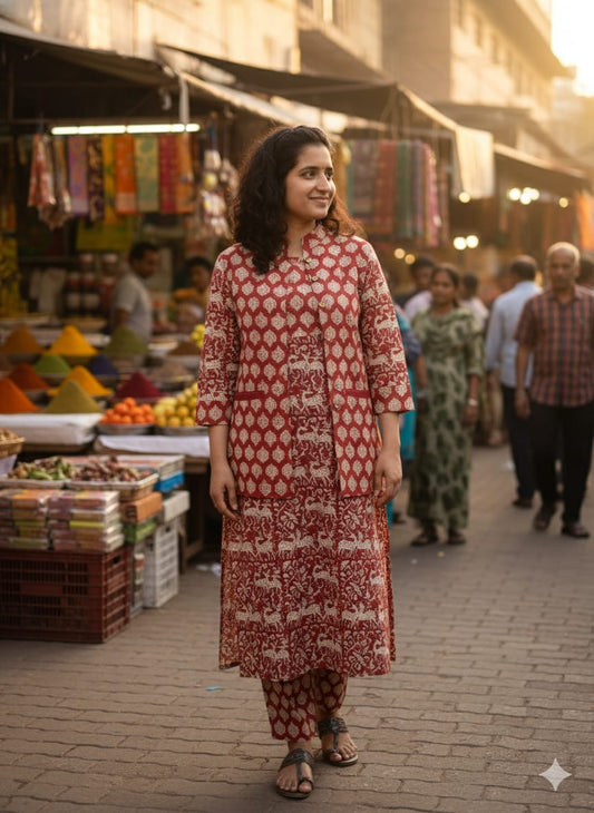 Handblock Printed Winter Kurti Pant Set with Warm Cotton Jacket | Warm Handcrafted Winter Wear