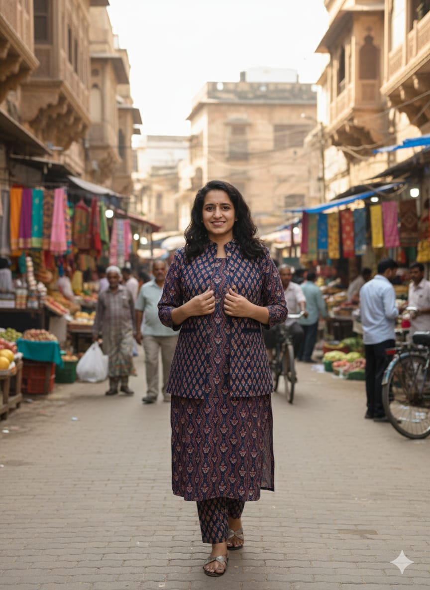 Handblock Printed Winter Kurti Pant Set with Warm Cotton Jacket | Warm Handcrafted Winter Wear