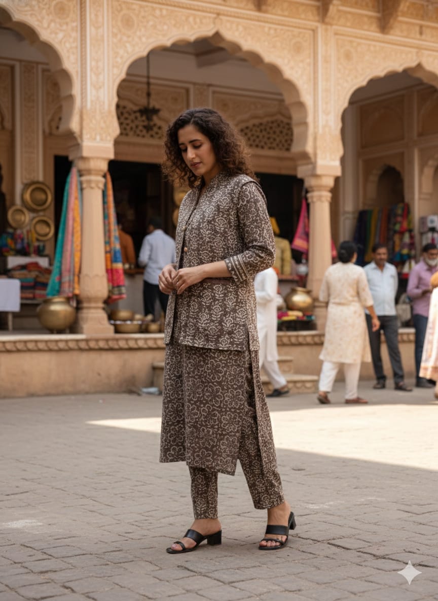 Handblock Printed Winter Kurti Pant Set with Warm Cotton Jacket | Warm Handcrafted Winter Wear