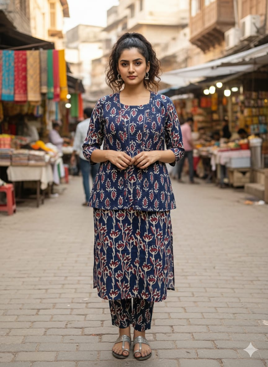 Handblock Printed Winter Kurti Pant Set with Warm Cotton Jacket | Warm Handcrafted Winter Wear