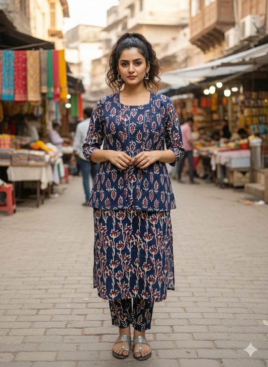 Handblock Printed Winter Kurti Pant Set with Warm Cotton Jacket | Warm Handcrafted Winter Wear