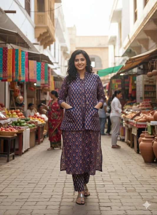 Handblock Printed Winter Kurti Pant Set with Warm Cotton Jacket | Warm Handcrafted Winter Wear