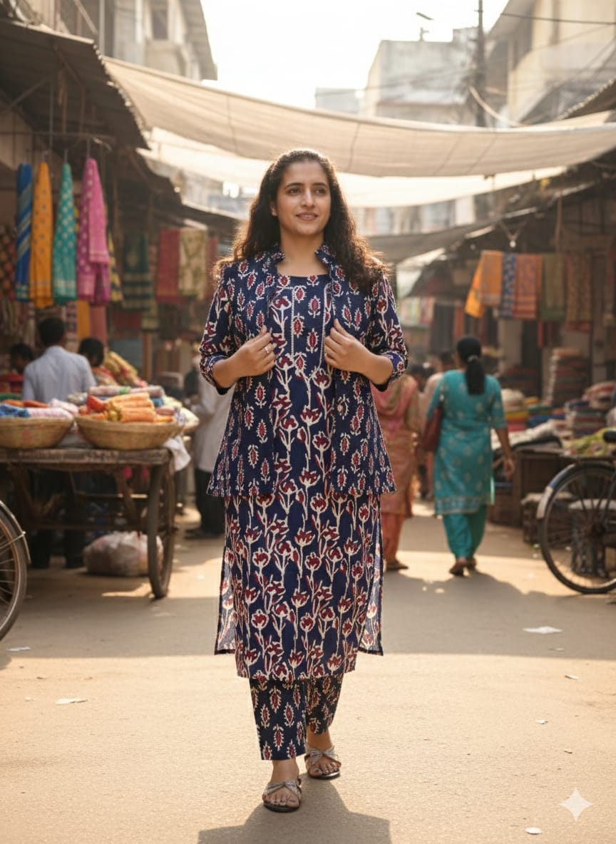 Handblock Printed Winter Kurti Pant Set with Warm Cotton Jacket | Warm Handcrafted Winter Wear