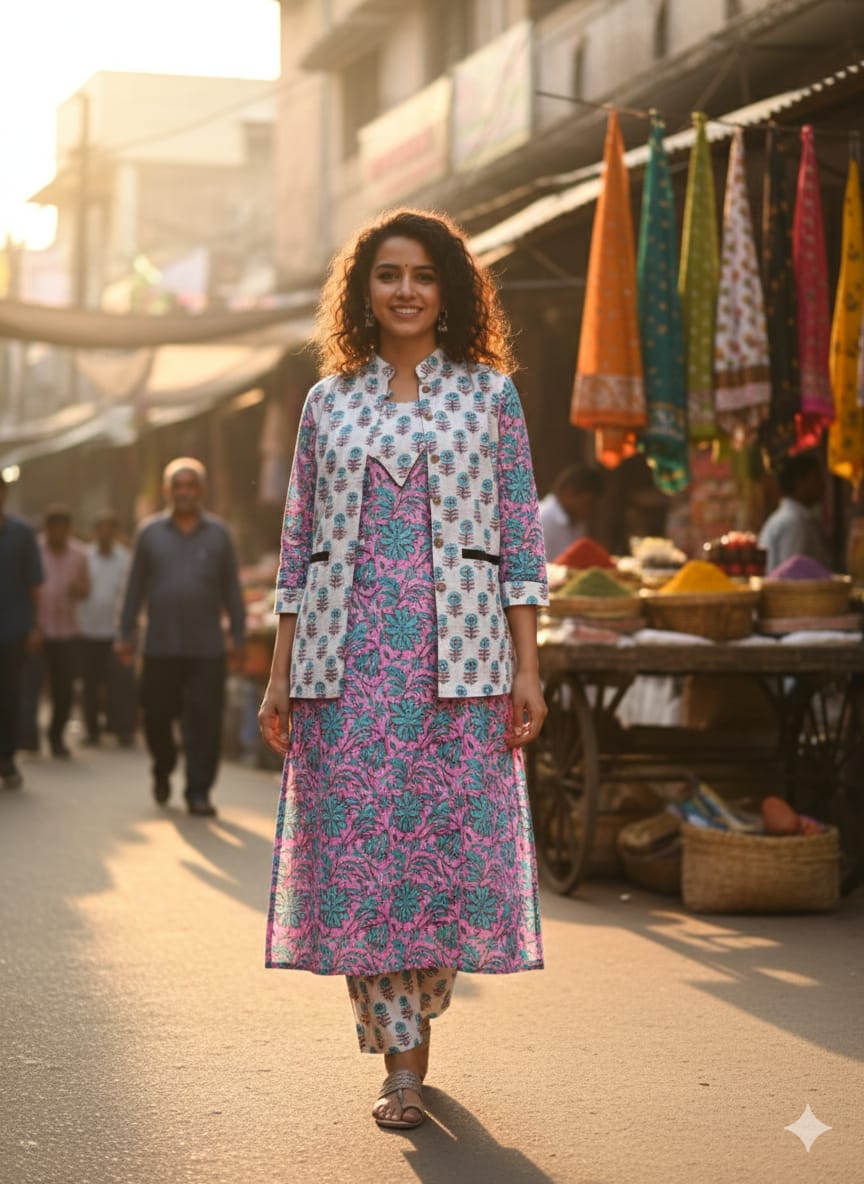 Handblock Printed Winter Kurti Pant Set with Warm Cotton Jacket | Warm Handcrafted Winter Wear