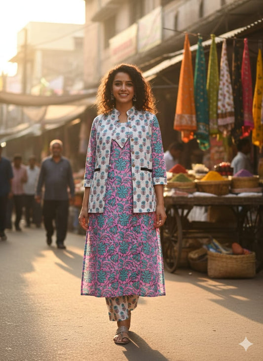 Handblock Printed Winter Kurti Pant Set with Warm Cotton Jacket | Warm Handcrafted Winter Wear