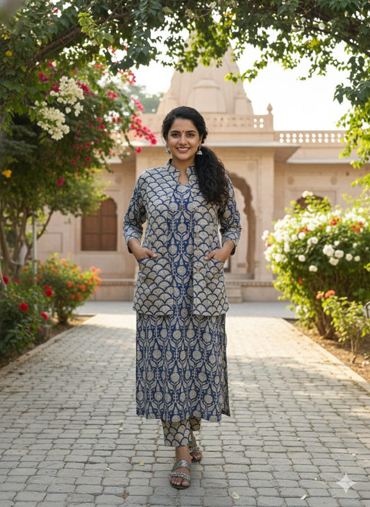 Handblock Printed Winter Kurti Pant Set with Warm Cotton Jacket | Warm Handcrafted Winter Wear