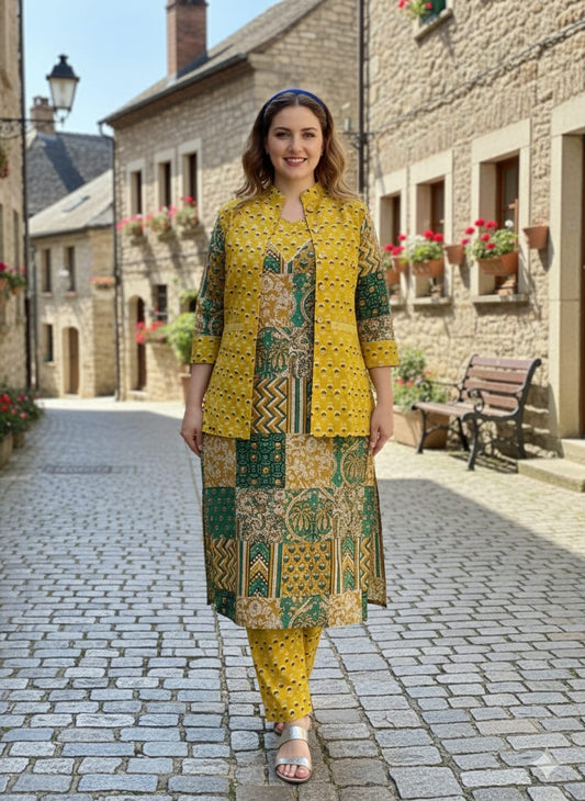 Handblock Printed Winter Kurti Pant Set with Warm Cotton Jacket | Warm Handcrafted Winter Wear