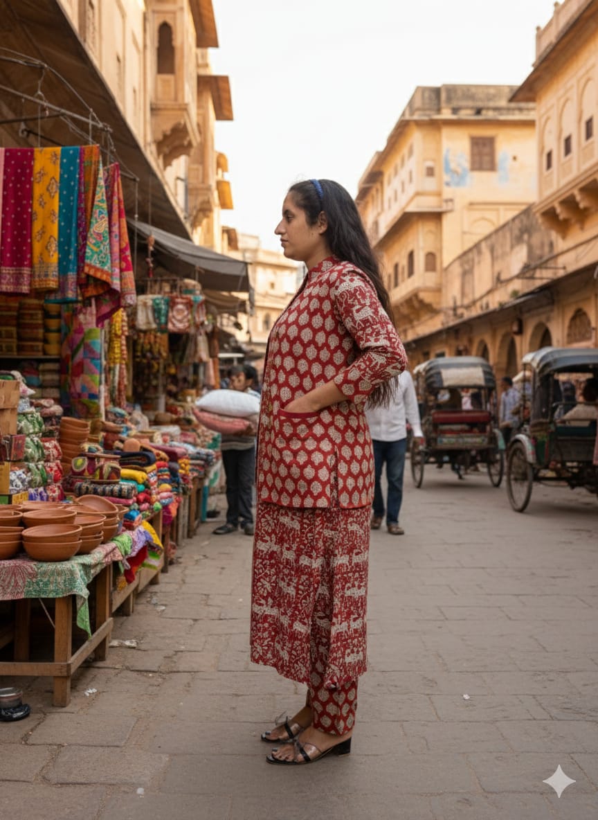 Handblock Printed Winter Kurti Pant Set with Warm Cotton Jacket | Warm Handcrafted Winter Wear