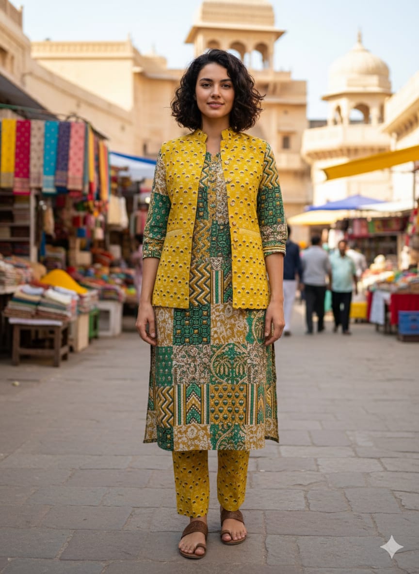 Handblock Printed Winter Kurti Pant Set with Warm Cotton Jacket | Warm Handcrafted Winter Wear