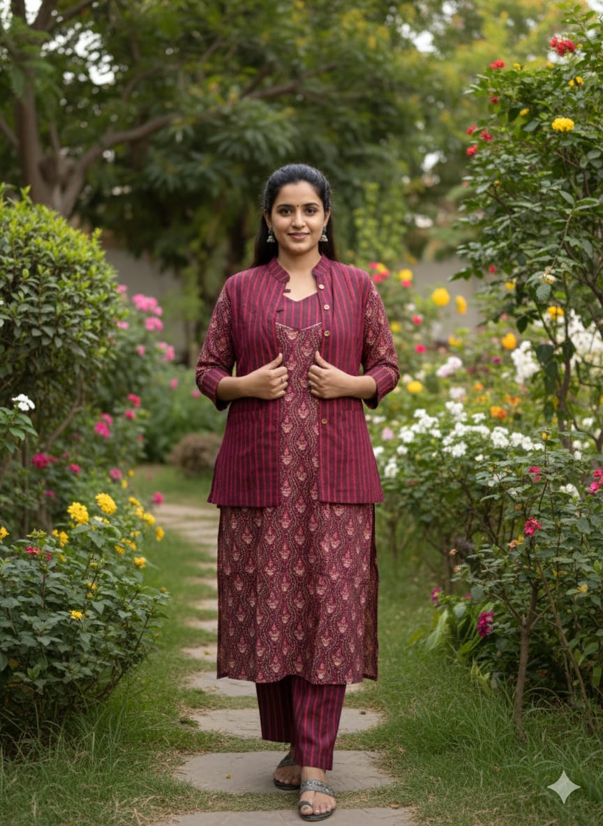 Handblock Printed Winter Kurti Pant Set with Warm Cotton Jacket | Warm Handcrafted Winter Wear