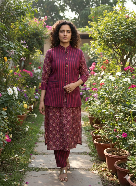 Handblock Printed Winter Kurti Pant Set with Warm Cotton Jacket | Warm Handcrafted Winter Wear