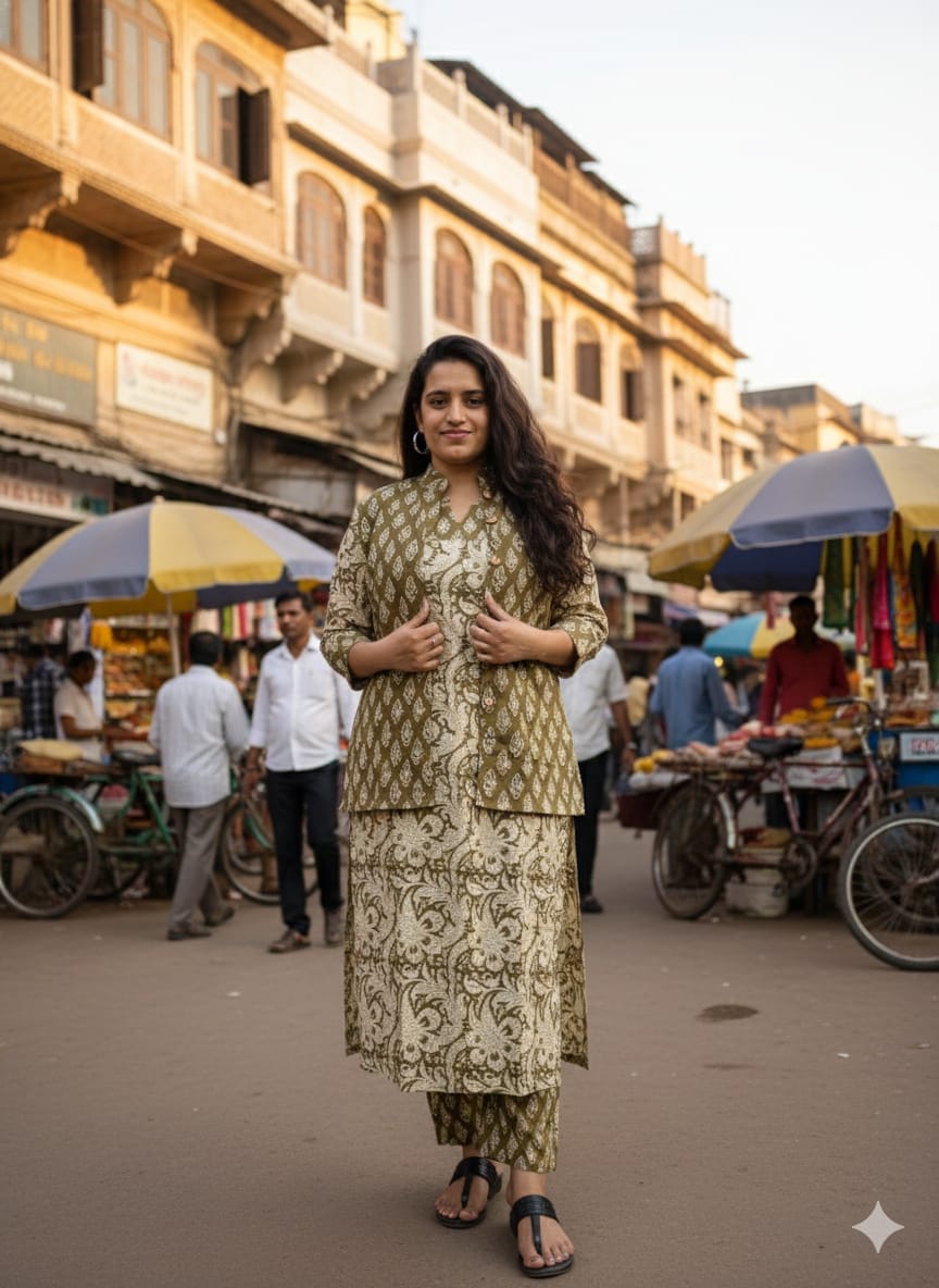 Handblock Printed Winter Kurti Pant Set with Warm Cotton Jacket | Warm Handcrafted Winter Wear