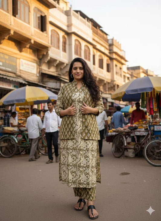 Handblock Printed Winter Kurti Pant Set with Warm Cotton Jacket | Warm Handcrafted Winter Wear