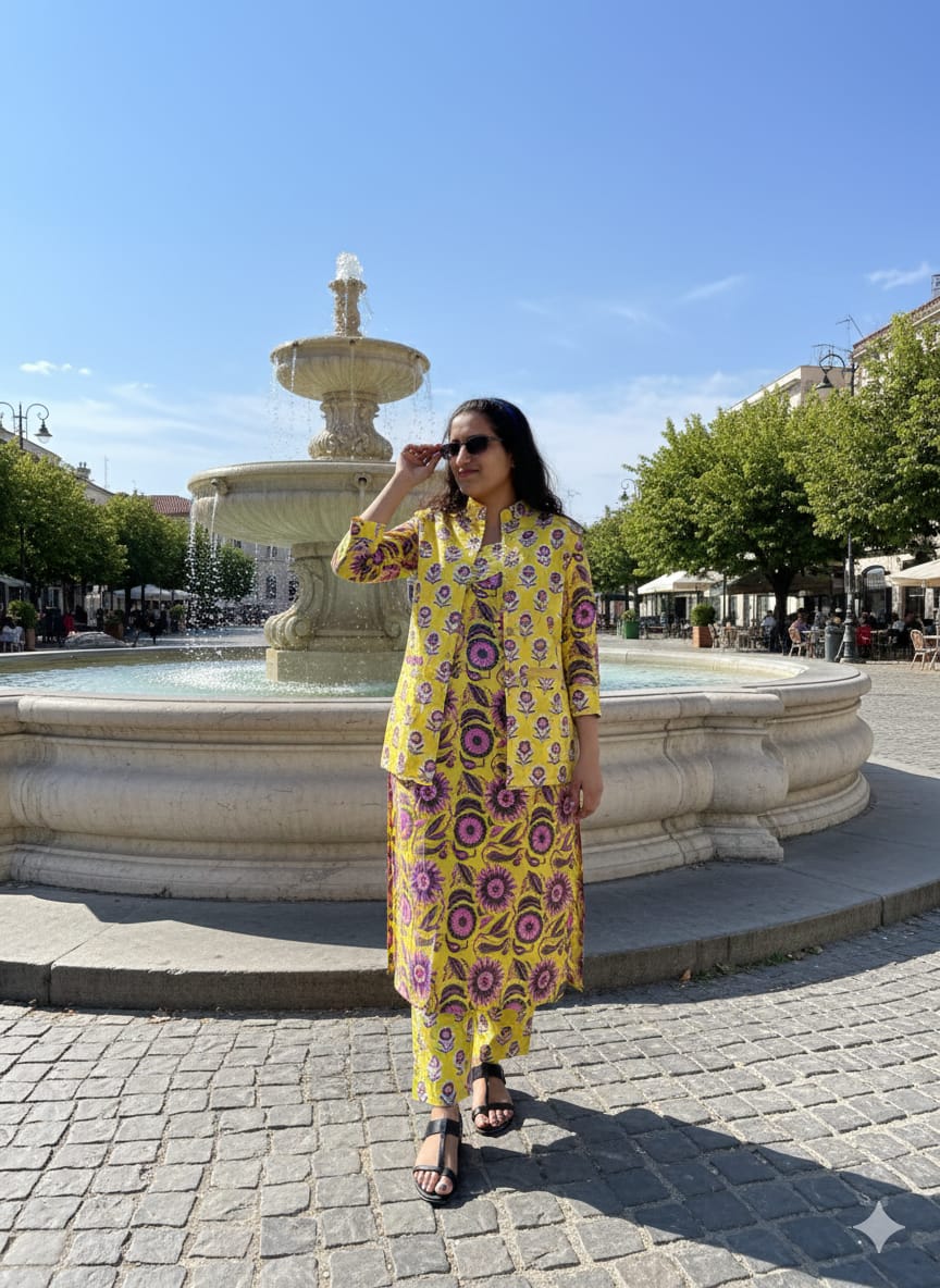 Handblock Printed Winter Kurti Pant Set with Warm Cotton Jacket | Warm Handcrafted Winter Wear