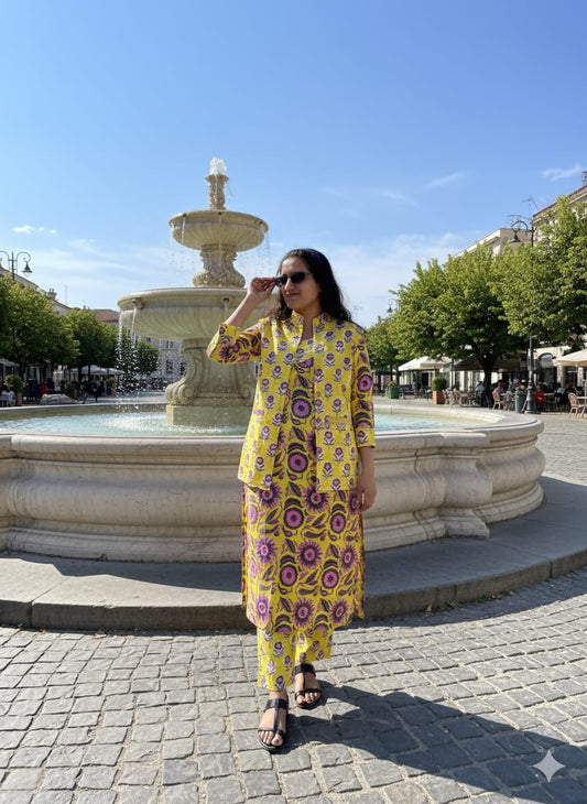 Handblock Printed Winter Kurti Pant Set with Warm Cotton Jacket | Warm Handcrafted Winter Wear