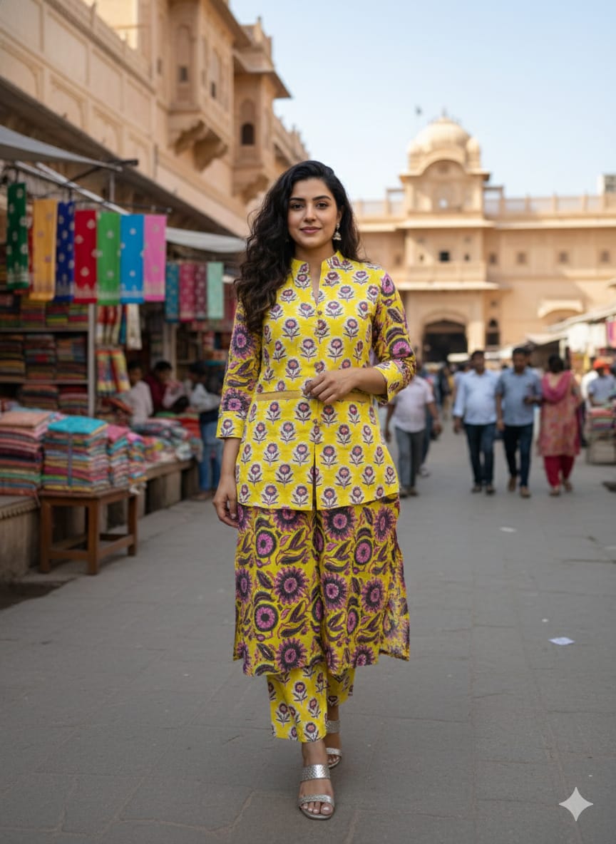 Handblock Printed Winter Kurti Pant Set with Warm Cotton Jacket | Warm Handcrafted Winter Wear