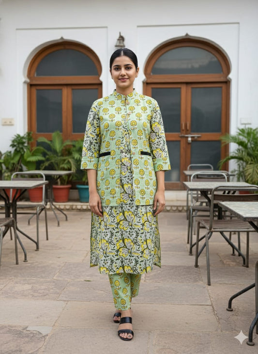 Handblock Printed Winter Kurti Pant Set with Warm Cotton Jacket | Warm Handcrafted Winter Wear