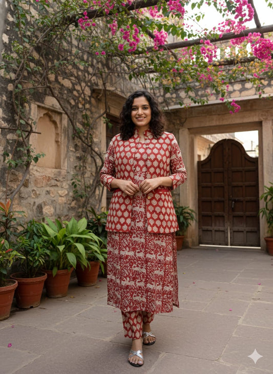 Handblock Printed Winter Kurti Pant Set with Warm Cotton Jacket | Warm Handcrafted Winter Wear