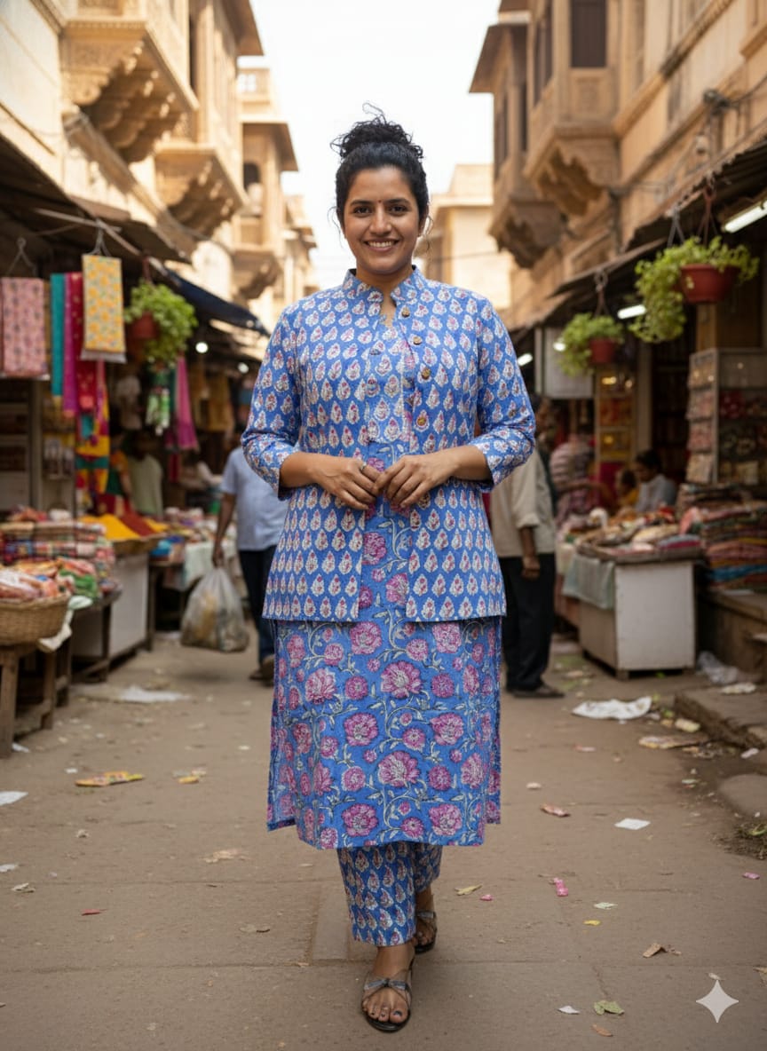 Handblock Printed Winter Kurti Pant Set with Warm Cotton Jacket | Warm Handcrafted Winter Wear