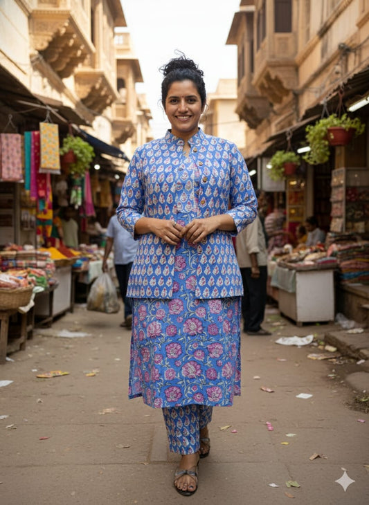 Handblock Printed Winter Kurti Pant Set with Warm Cotton Jacket | Warm Handcrafted Winter Wear