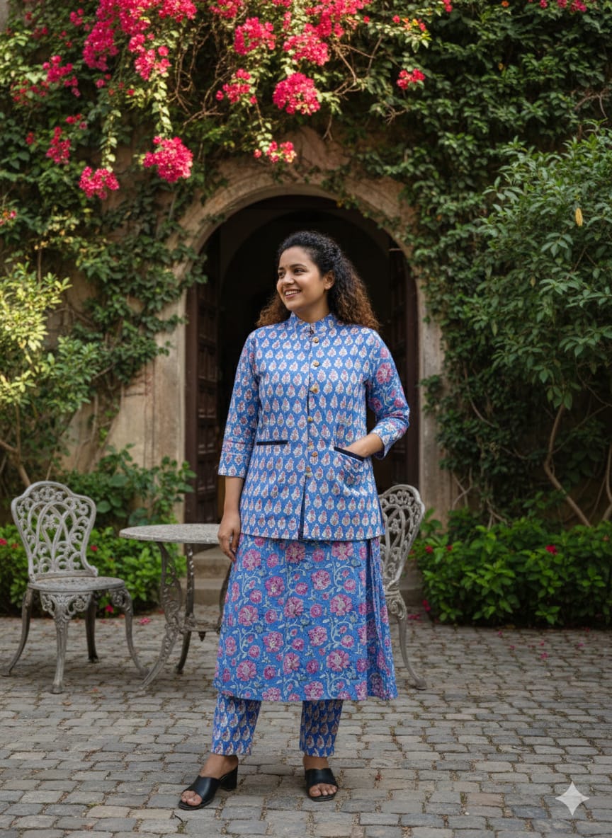 Handblock Printed Winter Kurti Pant Set with Warm Cotton Jacket | Warm Handcrafted Winter Wear