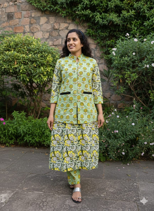 Handblock Printed Winter Kurti Pant Set with Warm Cotton Jacket | Warm Handcrafted Winter Wear