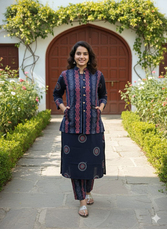 Handblock Printed Winter Kurti Pant Set with Warm Cotton Jacket | Warm Handcrafted Winter Wear