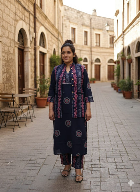 Handblock Printed Winter Kurti Pant Set with Warm Cotton Jacket | Warm Handcrafted Winter Wear