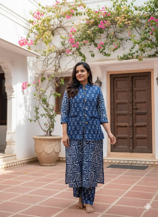 Handblock Printed Winter Kurti Pant Set with Warm Cotton Jacket | Warm Handcrafted Winter Wear