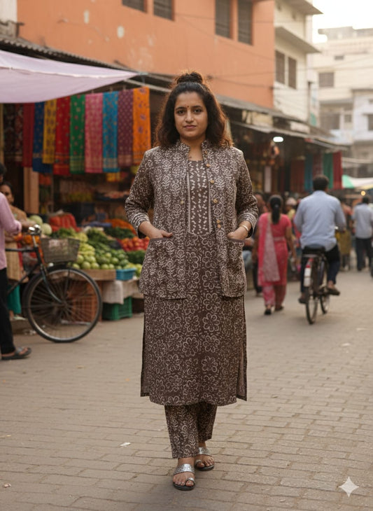 Handblock Printed Winter Kurti Pant Set with Warm Cotton Jacket | Warm Handcrafted Winter Wear