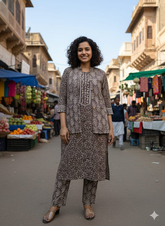 Handblock Printed Winter Kurti Pant Set with Warm Cotton Jacket | Warm Handcrafted Winter Wear